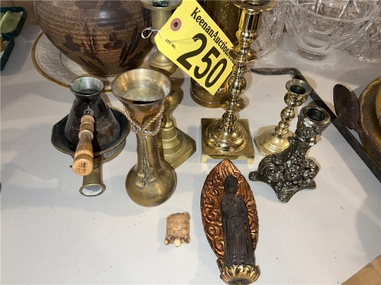 LOT OF BRASS CANDLE HOLDERS & MISCELLANEOUS