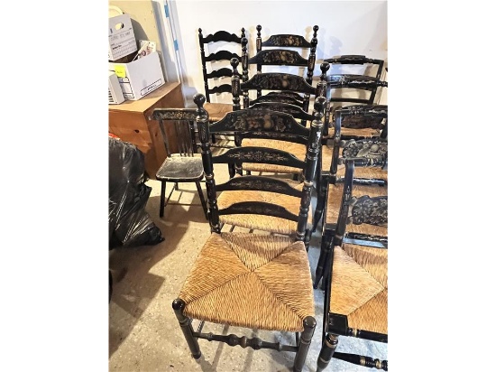 TIMES THE MONEY: (5) HITCHCOCK LADDER BACK CHAIRS, RUSH SEAT, GOLD STENCIL