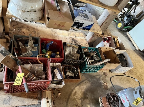 CONTENTS IN 11-BOXES: ASSORTED HARDWARE, SPIKES, CASTERS, ELECTRICAL, FLAG