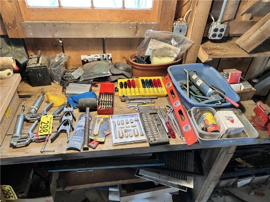 TOOL LOT ON BENCH WITH VISE