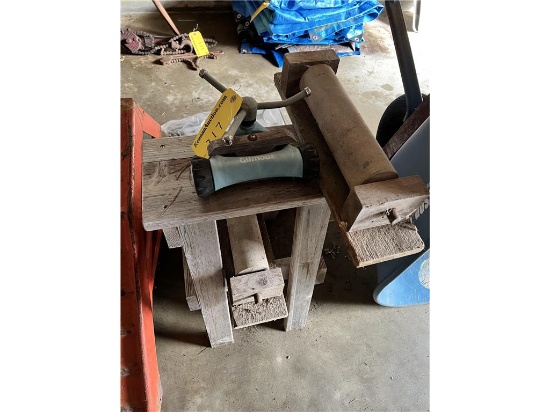 LOT: SPRINKLER & STAND, 2-WOOD ROLLS, LADDER, SHELF