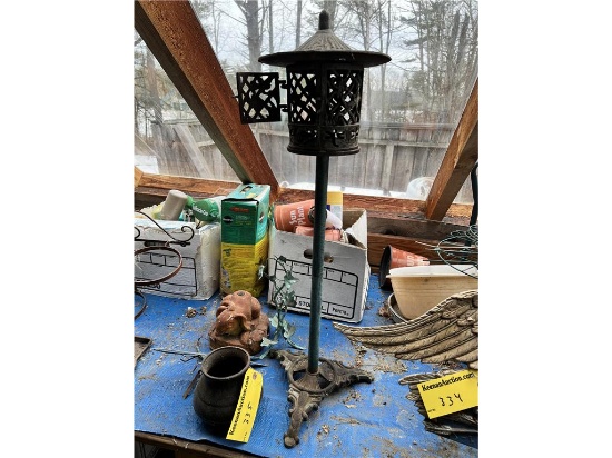 LOT: CAST IRON BIRD CAGE, DRAGON FLY, POT
