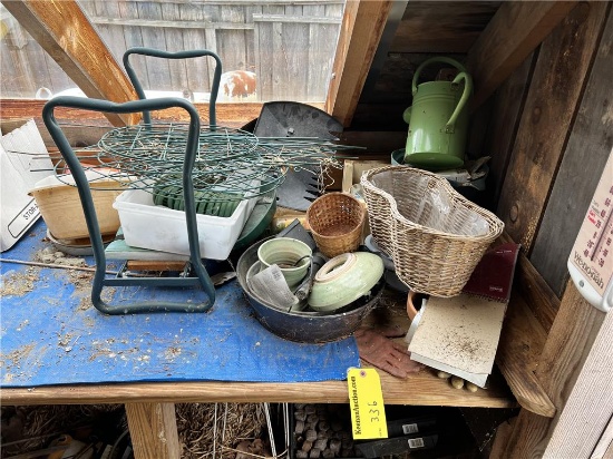 REMAINING CONTENTS OF POTTING SHED: GARDEN CARE PRODUCTS, PLANT POTS, ASSORTED DECOR, MISC.