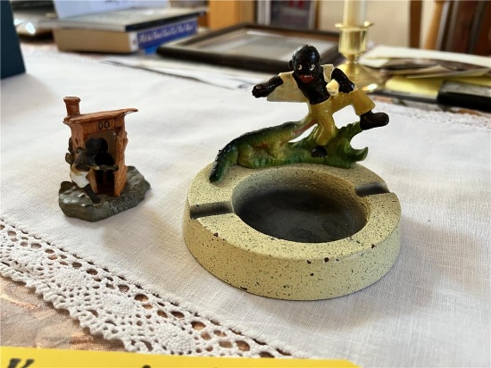 LOT: BLACK AMERICANA CAST IRON ALLIGATOR ASHTRAY & OUTHOUSE FIGURINE
