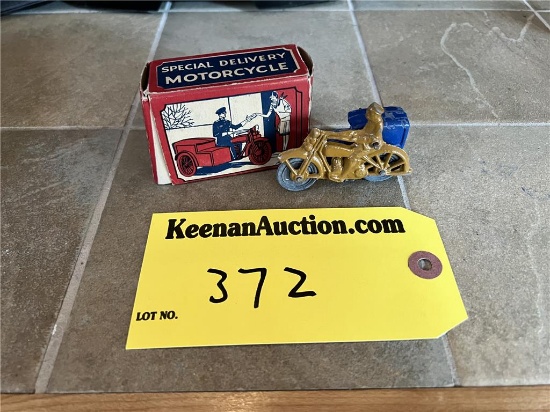 BARCLAY TOY SPECIAL DELIVERY MOTORCYCLE WITH BOX