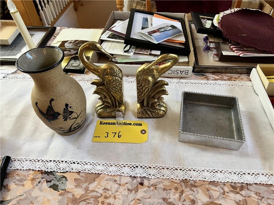 LOT: BRASS BOOKENDS, STONEWARE, BEADED BOX
