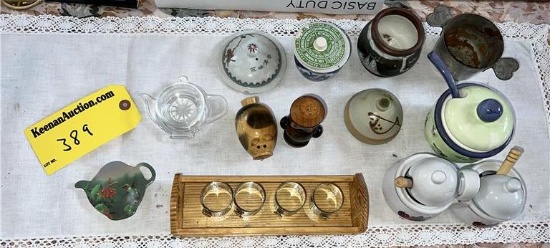 LOT OF ASSORTED GLASSWARE & STONEWARE: SALT & PEPPER SHAKERS, TEA BAG PLATES, NAPKIN RINGS, MISC.