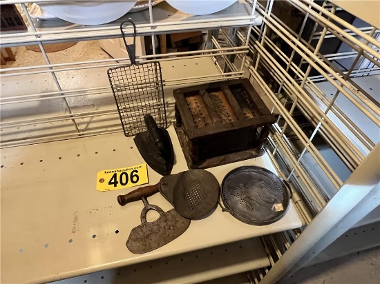 BAKING LOT WITH IRON: DOUGH CUTTER, SIFTER, ANTIQUE COAL FOOT WARMER