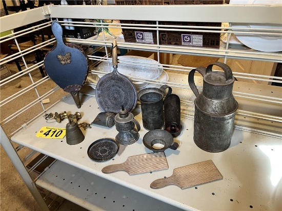 LOT: PRIMITIVE TIN WARE, BRASS CANDLE HOLDERS, BELLOW, BUTTER PADDLES, BRASS BELL