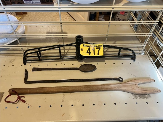 LOT: WOODEN LAUNDRY FORK, SPOON, FIREPLACE IRON, TREE STAND
