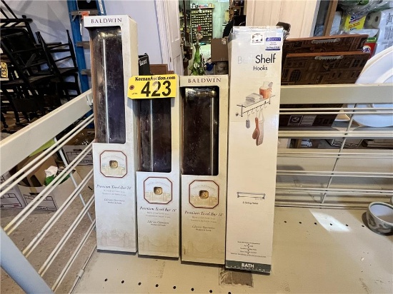 LOT: 3-NEW 18" & 24" TOWEL BARS WITH GLASS BATH SHELF