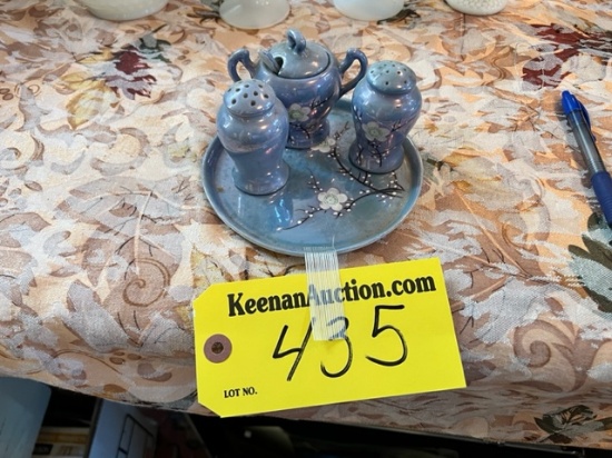1930'S JAPAN ART DECO BLUE LUSTER CHERRY BLOSSOM FLORAL CONDIMENT SET & TRAY