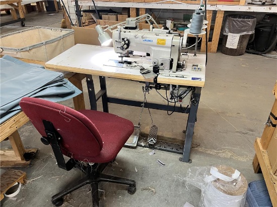 FLOOR 1: JUKI LH-3128 SEWING MACHINE STATION, 135" X 5', MFG# LH0AH09132, 42870, W/ CHAIR