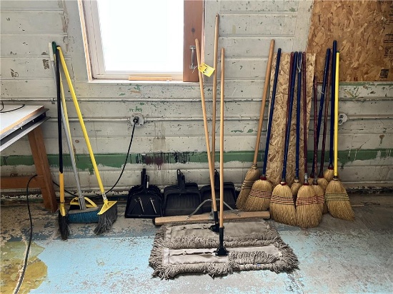 FLOOR 1: LONG HANDLED TOOL LOT: DRY MOP, BROOMS & DUST PANS