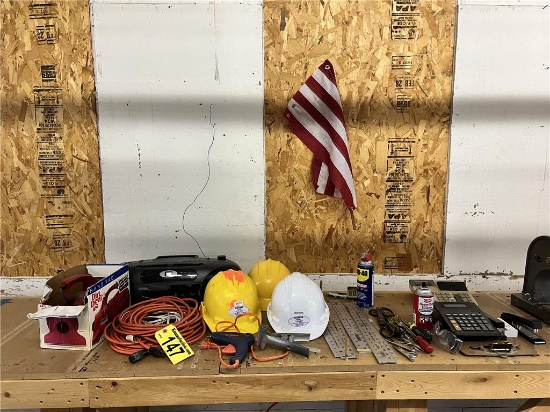FLOOR 2: MISC. LOT: HARD HATS, EXTENSION CORDS, RULERS, OFFICE SUPPLIES & VACUUM