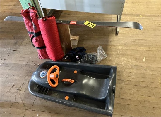 FLOOR 3: LOT: WINTER GLOVES (NEW), CUSTOM TUNING BENCH, CROQUET SET, SLEEPING BAG PAD, CHILD'S SLED