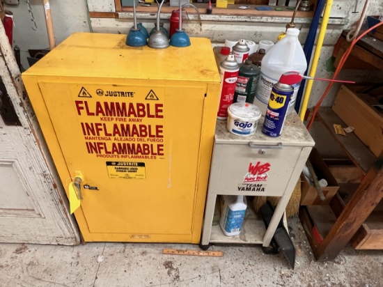 FLOOR 2: LOT: JUSTRITE FLAMMABLE CABINET 12-GALLON, BROOMS, LUBES, OILERS, CART