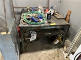 FLOOR 1: WORK BENCH AND CONTENTS: MISC. LUBES, CLEANERS, GREASE GUN, HAND TOOLS, HOSE