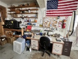 FLOOR 2: REMAINING CONTENTS ALONG WALL: SEWING MACHINE PARTS, 5X3 AMERICAN FLAG, PARTS CABINETS,