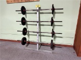 BODY MASTERS BARBELL WEIGHT STAND WITH (18) ASSORTED SIZE BARBELL WEIGHTS & (4) BARS