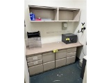 MODULAR WORK STATION WITH 5-FILE CABINETS & OVERHEAD STORAGE CABINETS