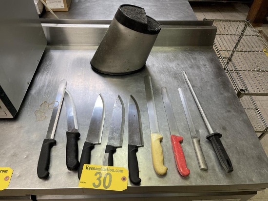 LOT OF (8) ASSORTED KNIVES, (1) SHARPENER & (2) RACKS