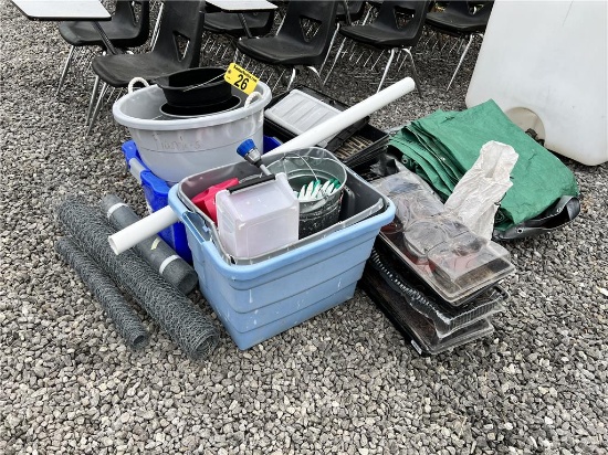 LOT: ASSORTED TARPS, CHICKEN WIRE, TUBS & GARDENING TOOLS