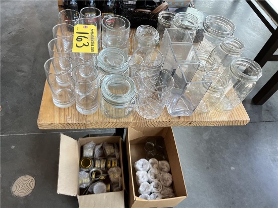 LOT OF ASSORTED GLASSWARE, MASON JARS, WATER GLASSES