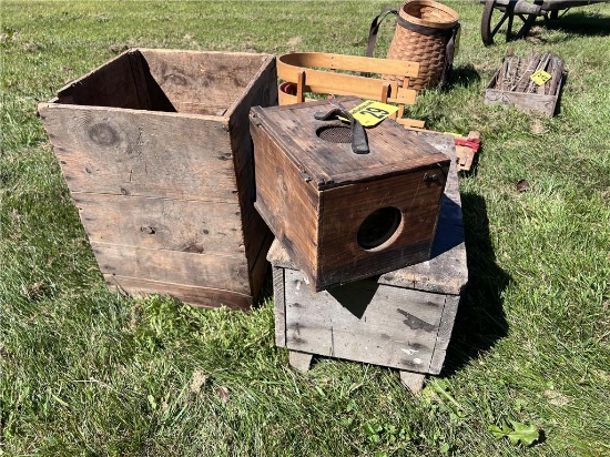 LOT: RIO COFFEE CRATE, HOMEMADE ANIMAL CARRIER, WOOD CRATE