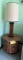 LOT: 2-MATCHING END TABLES W/ 2-LAMPS & FORK & SPOON DÉCOR