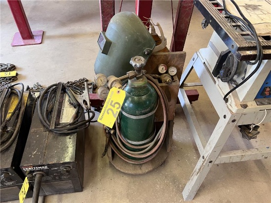 LOT: ACETYLENE TANK, CART, HOSE, GAUGES & WELDING HELMET