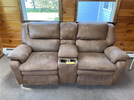VINYL UPHOLSTERED RECLINER SOFA, ARM REST W/STORAGE COMPARTMENT