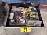 CONTENTS OF 4-DRAWERS: ASSORTED CUTTERS, BRAZING ROD, SAND PAPER, SAW BLADES, MISC.
