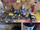 LOT: SOCKETS, HAND TOOLS, SAWS, FLASHLIGHTS, MISC. ELECTRICAL ON BENCH