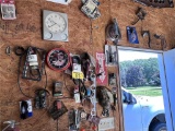 CONTENTS ON WALL: AUTOMOTIVE PARTS, LICENSE PLATES, MISC.