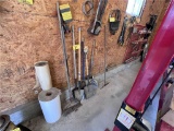 LONG HANDLED TOOL LOT: SHOVELS, RAKES, HAND SAW, FLOOR SQUEEGEES & DUST PANS