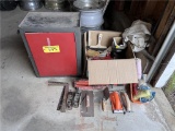 LOT: TROWELS, BRUSHES, PLANES, METAL CABINET, MISC.