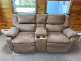 VINYL UPHOLSTERED RECLINER SOFA, ARM REST W/STORAGE COMPARTMENT