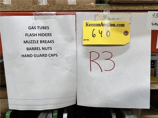 LOT RACK 3: GAS TUBES, FLASH HIDERS, MUZZLE BREAKS, BARREL NUTS, HAND GUARD CAPS. $64,822 AT COST