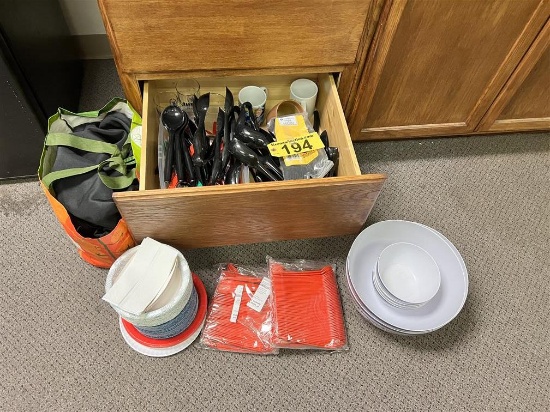 LOT: UTENSILS, TABLE CLOTHES, BOWLS, PAPER PLATES