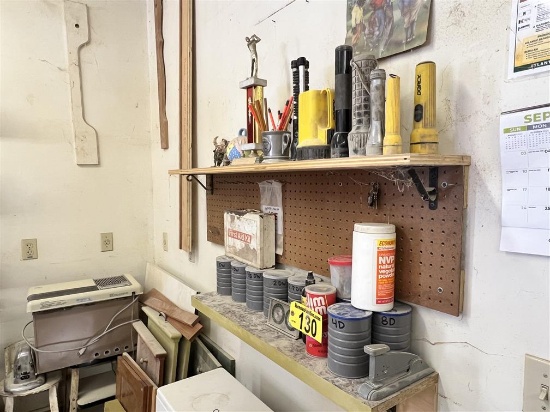 MISC. LOT: CABINET DOORS & HARDWARE, FASTENERS, FLASH LIGHTS, SEATING