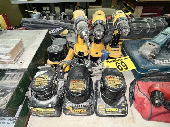 BID PRICE X QUANTITY: (3) DEWALT CORDLESS DRILLS, 14.4V & 18V, W/ 4-CHARGERS & 9-BATTERIES