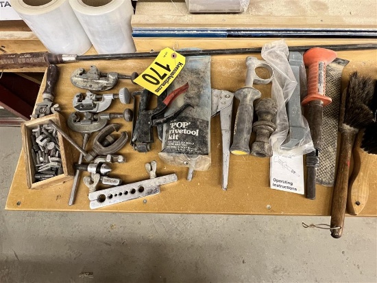MISC. TOOL LOT: PIPE CUTTERS, REMINGTON POWER ACTUATED TOOL, RIVET TOOLS