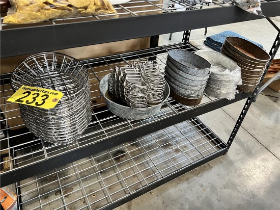 LOT OF TIN PLATTERS & WIRE CONDIMENT HOLDERS ON 1-SHELF