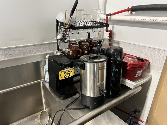 LOT OF ASSORTED COFFEE CONTENTS ON COUNTER, DRYING RACK