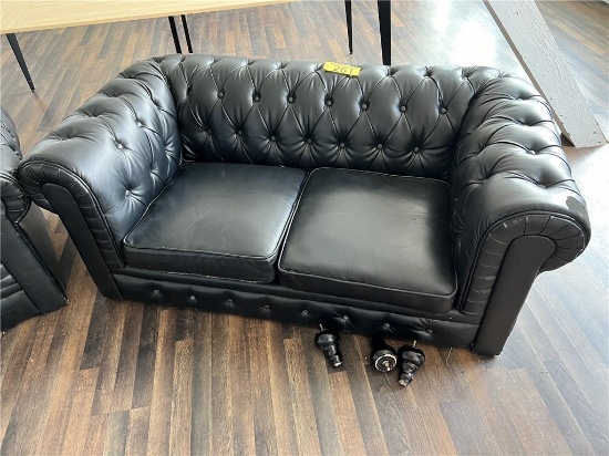 LOT: 4-LOVESEATS, 2-65" BLACK VINYL UPHOLSTERED, 1-57" BLUE VINYL