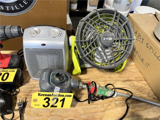 LOT: RYOBI CORDLESS FAN, SPACE HEATER & AIR PUMP