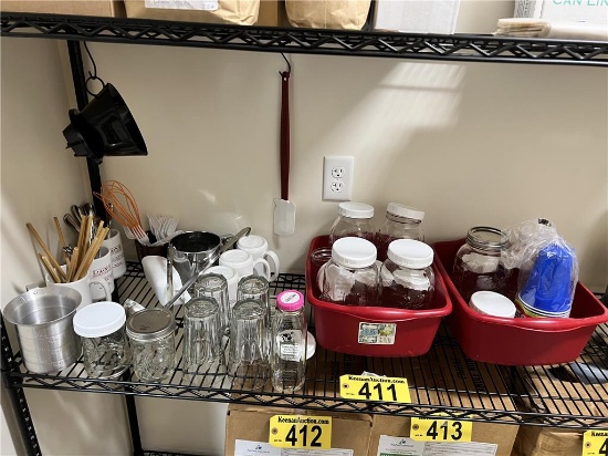 LOT OF ASSORTED GLASSWARE & KITCHEN UTENSILS ON 1-SHELF