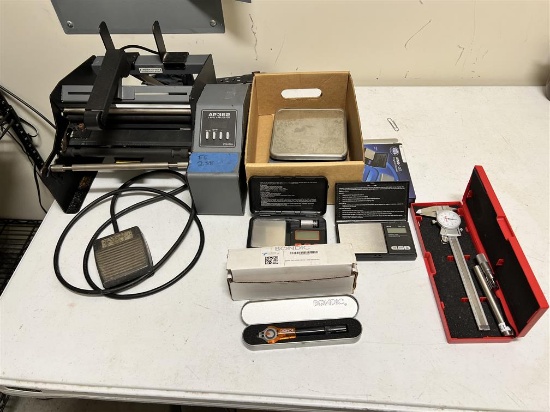 LOT: LABEL APPLICATOR, DIAL CALIPER, DIGITAL SCALES, UV GLUE KIT