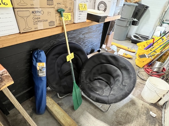 CAMPING LOT: CAMP CHAIR, PADDLE, 2- ROUND FOLDING CHAIRS